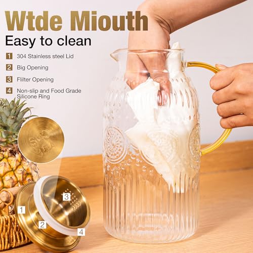 Image of Amzcku Glass Pitcher with Lid 68oz 2L Vintage Water Carafe Beverage 2Pack | Heat resistant glass, perfect for cold brew, coffee, lemonade, iced tea. Durable, stylish jug for daily use