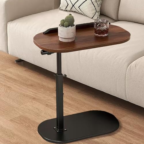Kamanan C Shaped Side Table, Adjustable Height C-Shaped End Table, 360° Swivel & Flip Under Sofa Table with Phone & Tablet Fall-proof Baffle, for Couch Sofa Bed Bathtub (Walnut)