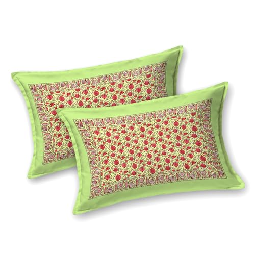 Image of BLOCKS OF INDIA Hand Block Printed 200 TC Cotton King Size Bedsheet (Green Anar)