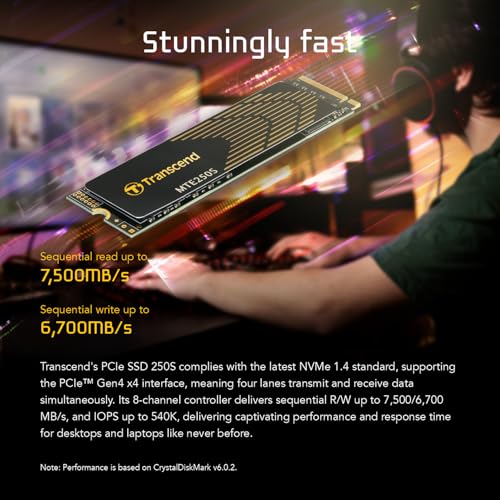 Image of Transcend MTE250S 2TB NVMe Internal Gaming SSD with Graphene Heatsink, Up to 7,100MB /s, M.2 2280 PCIe Gen4x4 Solid State Drive for PS5, Desktops, Laptops, with DRAM Cache /LDPC - TS2TMTE250S