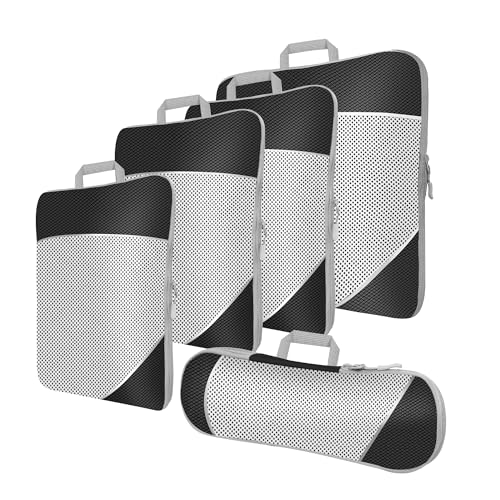 MEUVO Packw&uuml;rfel Kompression f&uuml;r die Reise - Extrem platzsparender Koffer-Organizer-Set, wasserdichte Packtaschen f&uuml;r Koffer oder Rucksack, 5er-Set Compression Packing Cubes