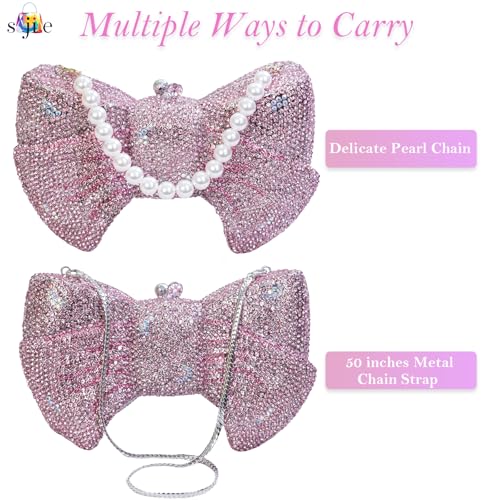 Image of Handmade Inlay Rhinestone Bow Clutch Bag for Women, Sparkling Evening Party Wedding Purse with Detachable Pearl Chain