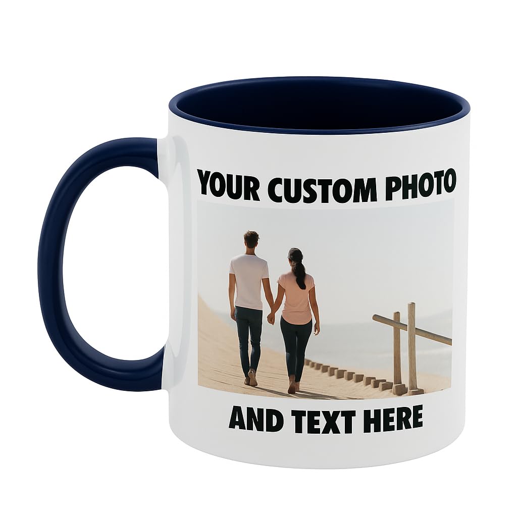 Personalized Coffee Mug Custom Photo Text or Logo Cup 11oz Navy Blue Rim Inner and Handle Dishwasher Microwave