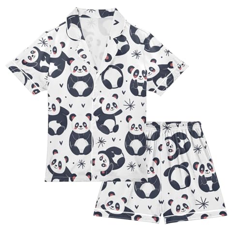 ALAZA Panda Animal Love White Pajamas Satin Pajama Set Short Sleeve Button Down Sleepwear