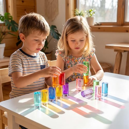 Image of Meooeck 10 Pcs Rainbow Acrylic Cylinder Blocks, Translucent Colored Gem Blocks Building Stacking Sensory Train Prims Toys for Toddler Kids Montessori School Classroom Supplies