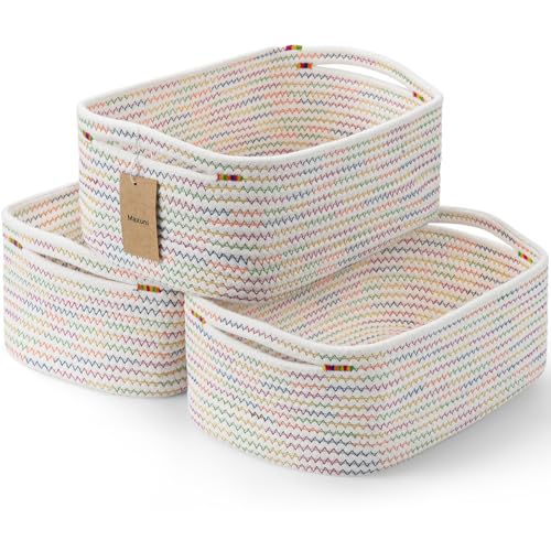 Maxuni 3-Pcs Shelf Baskets for Organizing, Closet Organizer Bins, Small Woven Baskets, Rope Toy Basket, Storage Basket for Shelves, Cube Decorative Box, 11.8×7.8×5.1”, Rainbow
