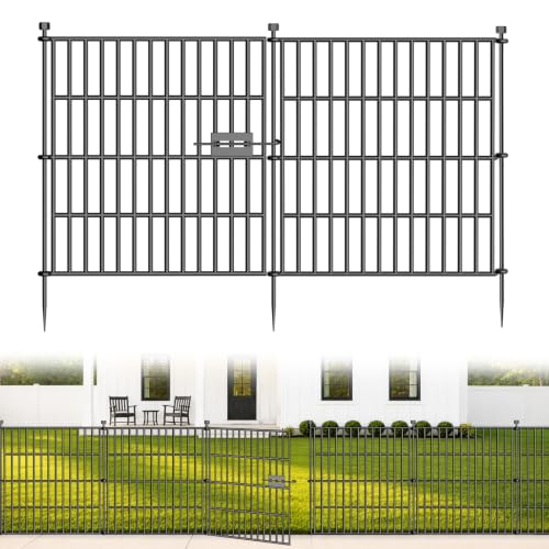 Image of No-Dig Decorative Outdoor Garden Fence for Yard, Animal Barrier Fencing for Dog | Rustproof Metal Temporary Fence for Patio, Pet and Flower Bed | 24in (H) x 20ft(L), 10 Panels with Gate