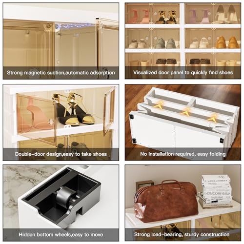 Image of 3-Tier Portable Shoe Rack Organizer for Closet, 12 Pairs Shoe Container Bins, Clear Plastic Collapsible Shoes Storage Box, Stackable Sneaker Storage Shoe Cabinet with Door