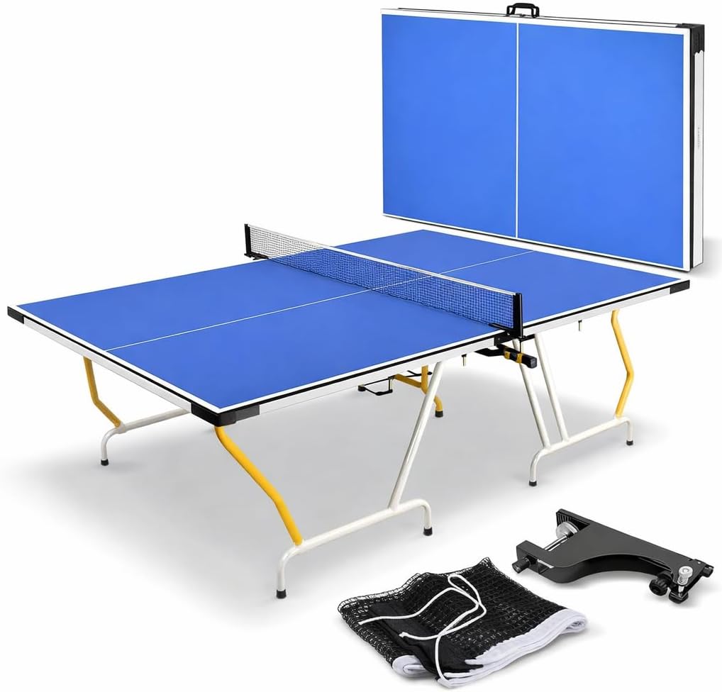 SereneLife Full Size 9x5 Ping Pong Table - Foldable Portable Table Tennis with SUV Transport, Quick Setup, Net Included