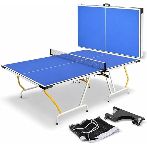 SereneLife Full Size Ping Pong Table, 9’ x 5’ Regulation Fold-Flat Table Tennis Table, Hinged Panels for SUV Transport and Easy Storage, Portable Space-Saving Design, Net & Post Set Included