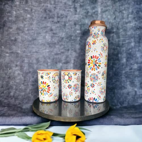 Image of Copper Water Bottle 1 Ltr | Copper Water Bottle with Glass Set | Meena Work | 100% Pure | Leak-Proof | 2 Water Glass 300ml each | Best for Gifting ((Balloon Design))