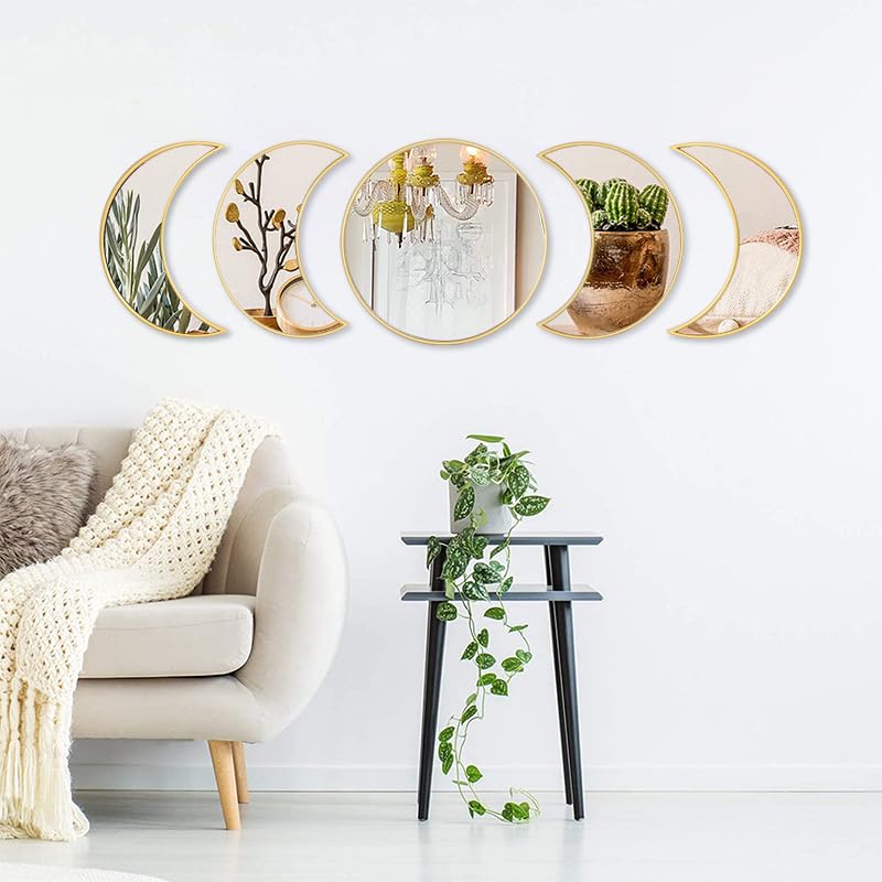 Decorative Moon Phase Glass Mirror Set, Wall Mounted Plastic Modern Gold Framed Wall Decor Mirror for Home, Living Room, Bedroom, Office (5 Pieces Set)-picture-27