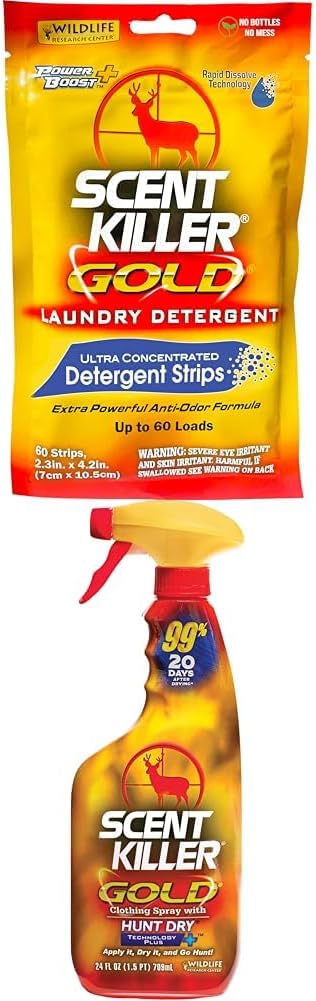 Bundle of Wildlife Research Center Scent Killer Gold Ultra Concentrated Scent Elimination Detergent Strips + Scent Killer Gold – Hunting Scent Eliminator with Hunt Dry Technology