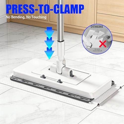 Image of Upgrade Push Clamp Mop Kit - 2-in-1 Full Size Lazy Sweeper Mop with Convenient Cloth Changing, Compatible with Swiffer Pads, Hardwood Tile Marble Floor Cleaning, 52in with 10 Reusable Cloths