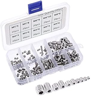 Yakamoz Screws Assortment Fasteners Kits, 200Pcs M3 M4 M5 M6 M8 Hex Allen Head Socket Grub Screw Set Stainless Steel Cup Point Metric Screws Assortment Fasteners Kits