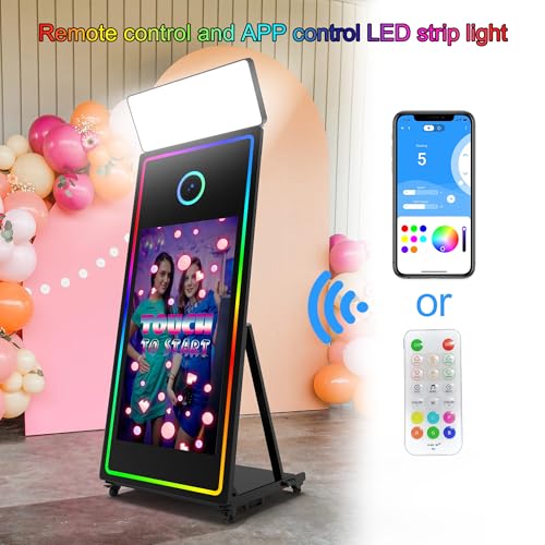 Image of Magic Mirror Photo Booth, 65'' Mirror Photo Booth, 43'' Interactive Touch Screen with RGB Ring Light, Built-in Mini PC with Instant Print and Sharing(with Camera and Mini Printer)-Black