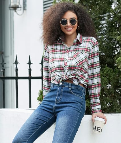 Image of SANGTREE Women and Girls Long Sleeve Flannel Casual Button Down Plaid Shirt