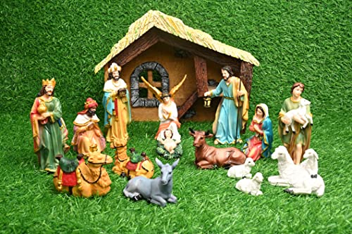 Image of KariGhar Nativity /Crib Idols Set of 16 Pieces (8 inch)[Pack - Crib House, Mary, Joseph, Baby Jesus, Angel, 3 Wise Men, The Shepherd, 7 Animals], Multicolour, A0099