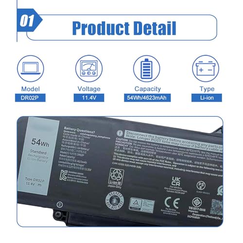 Image of 54Wh DR02P R73TC Laptop Battery Compatible with Dell Latitude 5550 5540 5450 5440 Precision 3590 3580 3480 3490 Series 2X1V9 02X1V9 803W6 0803W6 11.4V 4623mAh
