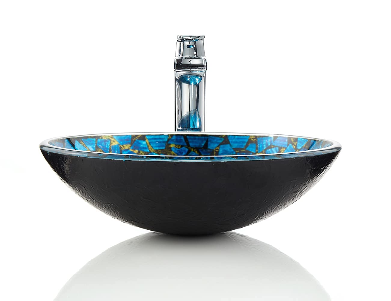Hyacin Series - Fregadero redondo de mosaico de vidrio templado decorativo en azul estrellado | Fregaderos de montaje superior sobre encimera | Fregadero de encimera de tocador con drenaje 9