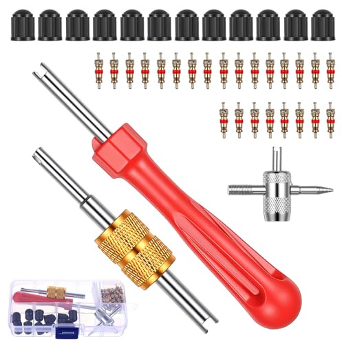 jiuxlaan 1 Clé Demonte Obus Valve Pneu Voiture, 1 Kit Obus de Valve Réparation Double, 25 PcsObus Valves Voiture, 12 Bouchons de Valves, Outil de Extracteur...