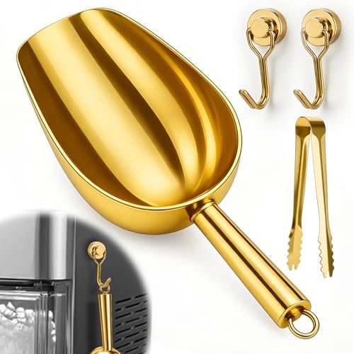 Image of Juome 6oz Stainless Steel Ice Scoop for Freezer with Magnetic Holder, Metal Ice Scoop for Ice Machine, Small Ice Cube Scooper for Freezer Bin for Ge Profile Opal 2.0 Nugget Ice Maker (Gold)