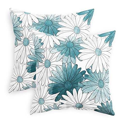 Calitime Throw Pillow Cases Pack Of 2 Cozy Fleece Two-Tone Blooming Daisy Flower Decorative Cushion Covers For Couch Bed Sofa Farmhouse Decoration 18 X 18 Inches Teal Grey #TOP21