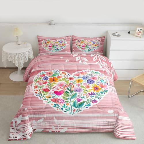 Image of Erosebridal Pink Valentine Full Bedding Set Love Heart Flowers Comforter Set for Kids Girls Romantic Floral Heart Shaped Comforter Geometric Stripes Cottagecore Duvet Insert