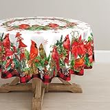 Geoocii Christmas Tablecloth Round 60 Inch Chritsmas Winter Bird Poinsettia Ribbon Tablecloth Red Tablecover for Dining Kitchen Holiday Party Picnic Home Decor