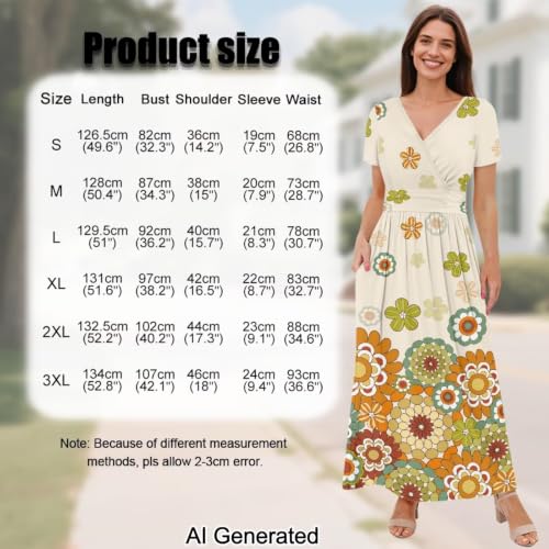 Image of Women's Fall Summer Short Sleeve Ankle Length V-Neck Party Dress with Pockets Size S-3XL