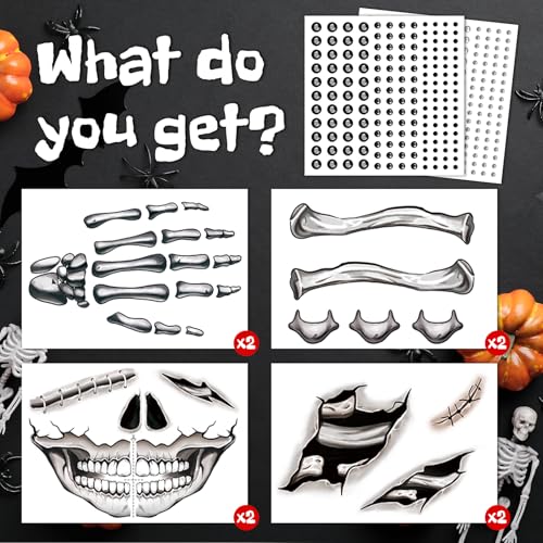 Acevegue Halloween Skelett Tattoo Gesicht 10 Blätter, Halloween Schminke Erwachsene Accessoires Damen Herren Gesichtstattoo, Make Up Mund Totenkopf Tattoo Sticker Aufkleber Kostüm Zubehör