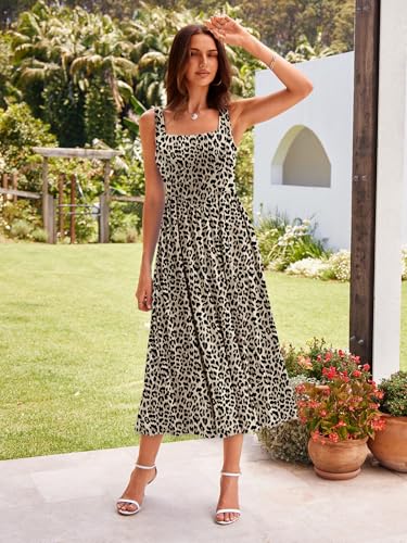 Image of Sureple Midi Dresses for Women 2026 Spring Square Neck Tank Sleeveless A Line Casual Summer Sundresses with Pockets