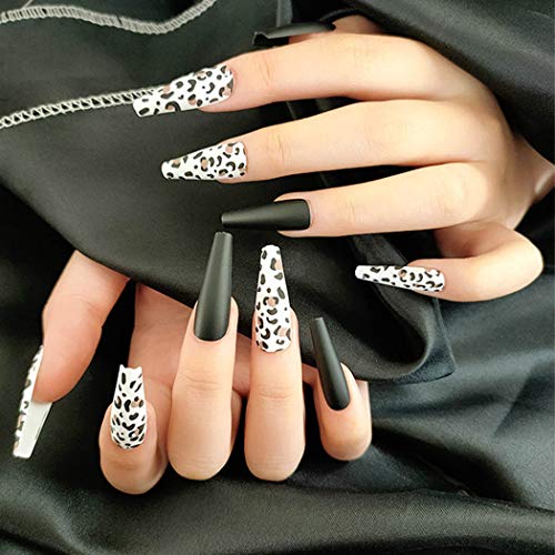 Evazen Coffin Matte Press on Nails Leopard Print Black Long False Nails Ballerina Fake Nails Artificial Daily Nail for Women and Girls(Pack of 24)