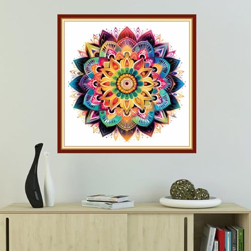 Image of Foxhool Beginners Cross Stitch Kits Stamped Full Range of Embroidery Kits for Adults DIY Cross Stitches kit Embroidery Patterns for Needlepoint kit-Colorful Mandala 18x18 inch