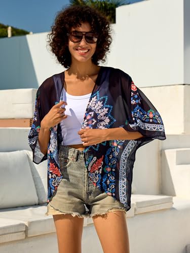 Image of Chunoy Women Floral Beach Wear Cover Up Chiffon Kimono Cardigan Open Front Blouse Top