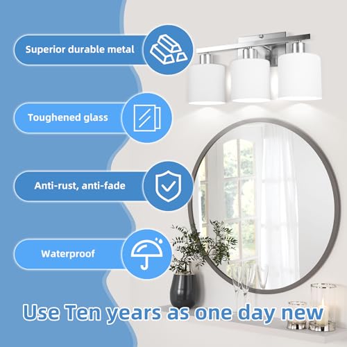 Image of SILAMPDI Bathroom Light Fixtures Brushed Nickel, 3-Light Bathroom Lights Over Mirror, Bathroom Vanity Lights for Bedroom, Living Room, Hallway, Milky White Glass Shades, E26 Base, Bulbs Not Included