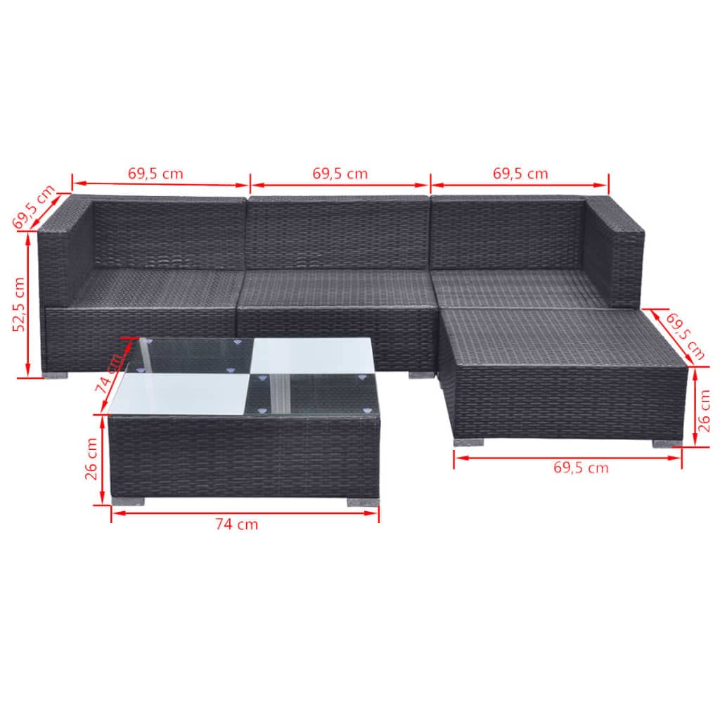 vidaXL Set de Muebles de jardín 5 pzas y Cojines ratán sintético Negro, sofá de Exterior, Conjunto de Muebles de Exterior, Conjunto de Muebles