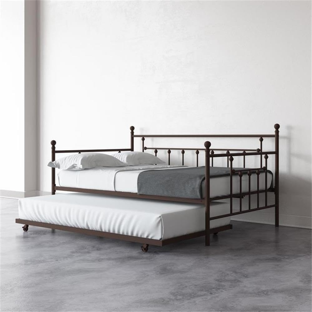 Pemberly Row Victorian Metal Daybed with Trundle, Bronze Finish, Queen Daybed and Full Trundle, Classic Finial Design, Sturdy Frame, Multi-Functional for Guests or Small Living Spaces, 84 x 63 x 41.5