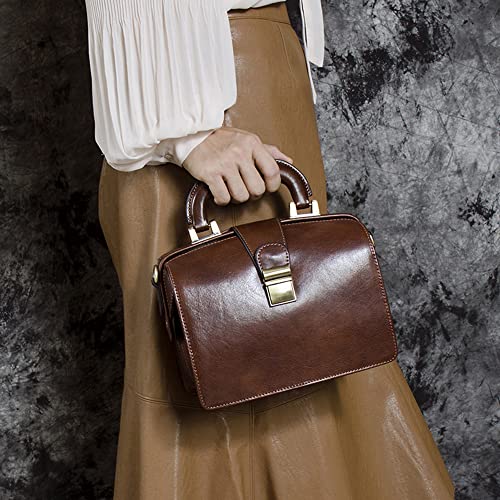 Genuine Leather Doctor BagTop Handle Purses Cowhide Handbag Brown Shoulder Bag Buckle Women's Bag3