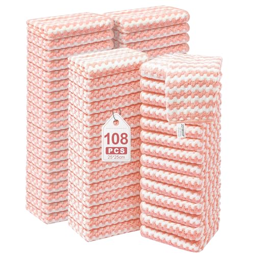 Image of JOYMOOP 108 Packs Microfiber Cleaning Cloths, 10 inch x 10 inch Reusable Kitchen Towels, Lint-Free Cleaning Rags, Super Absorbent Cleaning Cloths for Kitchen, Car, and Household Cleaning, Pink