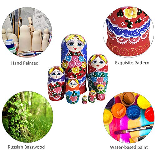 Youbedo Russian Nesting Dolls 7Pcs Blue Flower Madness Nesting Dolls Authentic Russian Wooden Matryoshka Handmade Toys For Christmas Home Room Decoration Halloween Wishing Gift #TOP2