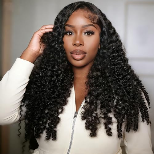 Image of Celiarita Curly Half Wigs Human Hair Burmese Curly 3 In 1 Half Wigs With Drawstring Glueless Wig Human Hair for Women Deep Wave Headband Wig with Spiral End Beginner Friendly 26 Inch