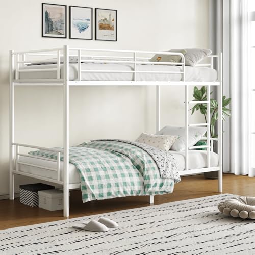QUJEON Bunk Bed,Bunk Beds Twin Over Twin,Heavy Duty Metal Slats Bed Frame with Ladders and Guardrail for KidsTeens Adults,400 lbs Capacity,No Spring Box Required,White