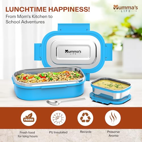 Image of Mumma's LIFE Stainless Steel Tiffin Box with 4 Side Lock Lid, 910 ml and Inner Stainless Steel Container, 135 ml, Food Grade | Air Tight | Easy to Carry | Leak Proof (Kiddy Lunch Box Blue)