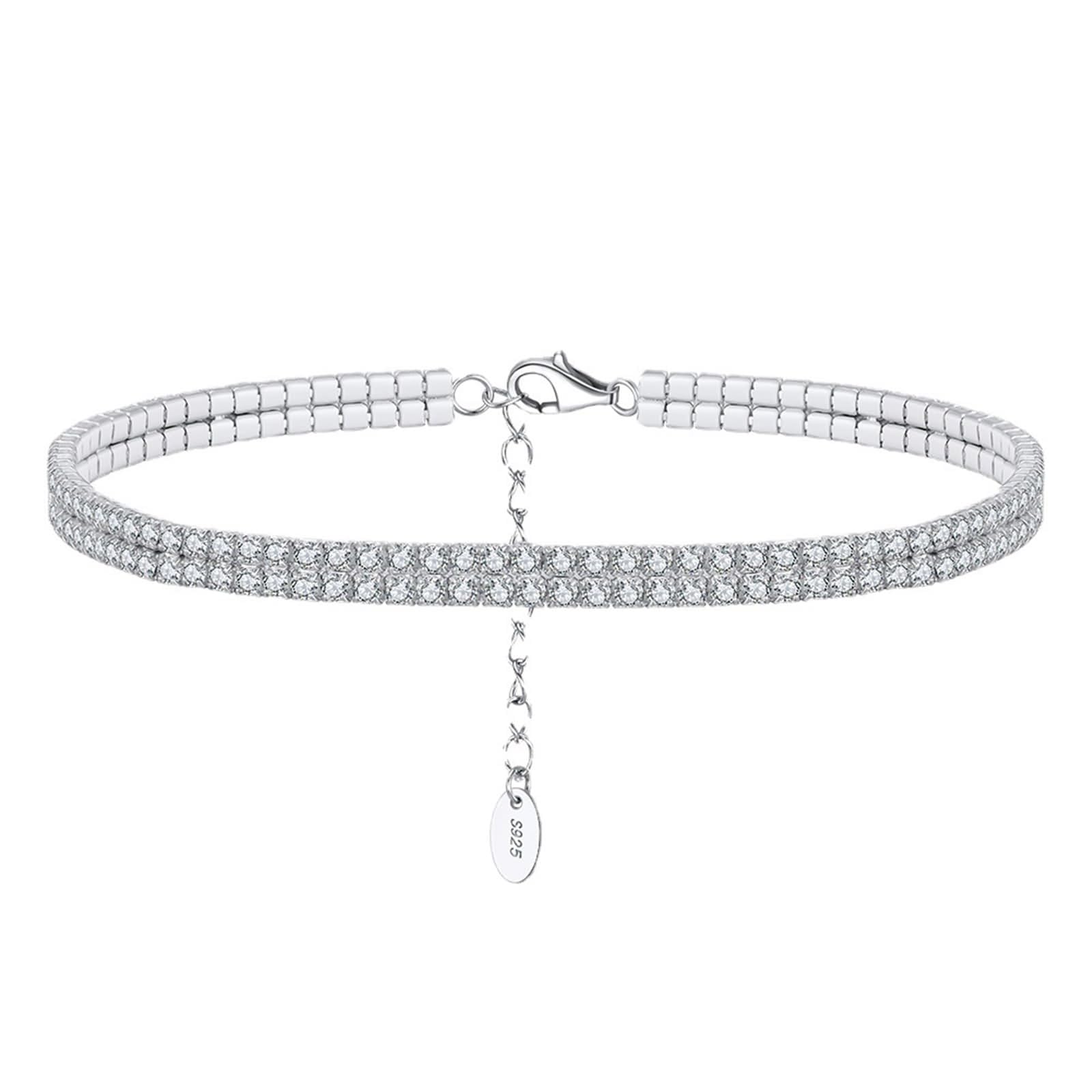 Tobillera de plata para mujer, tobillera de plata de ley 925, cadena de tenis de 2 capas, tobillera bohemia para mujer con circonita cúbica blanca redonda, Plata de ley, Circonita cúbica