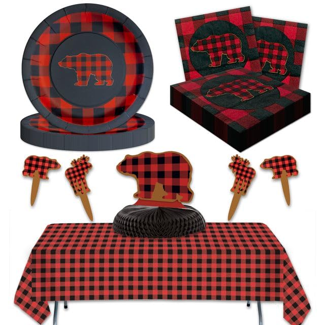 Havercamp Flannel Themed Lumberjack Party Supplies for 16 Buffalo Plaid Bear Plates Napkins Table Cover Centerpiece Picks (by Havercamp)