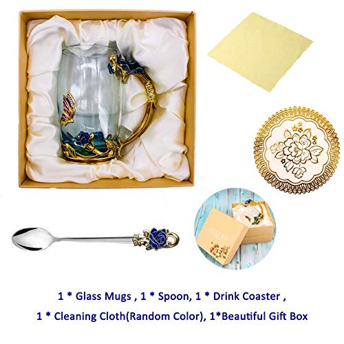 Tea Cup Coffee Mug Cups, Mother's Day Gifts, 13Oz Handmade Rose And Butterfly Tea Mug With Spoon, Unique Gift For Women Mom Grandma Female Friend - Blue Tall #TOP5