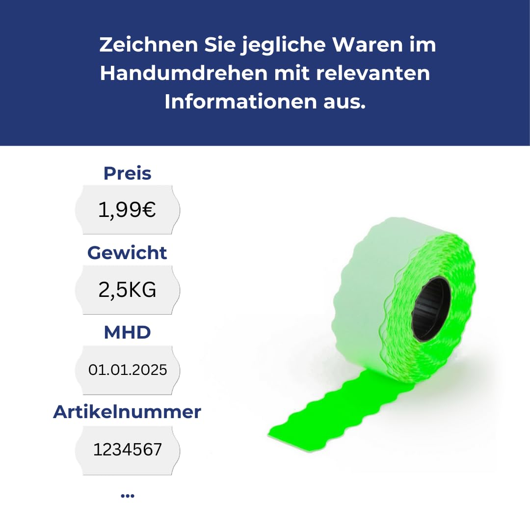 POKORNYS – 54.000 selbstklebende Etiketten für Preisauszeichner (grün / 26x12mm) I permanent haftend I Kennzeichnung mit Preis, Datum ... I Preisetiketten für Handauszeichner mit Wellenrand