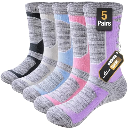 Niorasen Walking Hiking Socks Womens 5 Pairs Cushioned Breathable Cotton Boot Socks Anti Blister Ladies Crew Athletic Sports Sock for Running Gym Climbing
