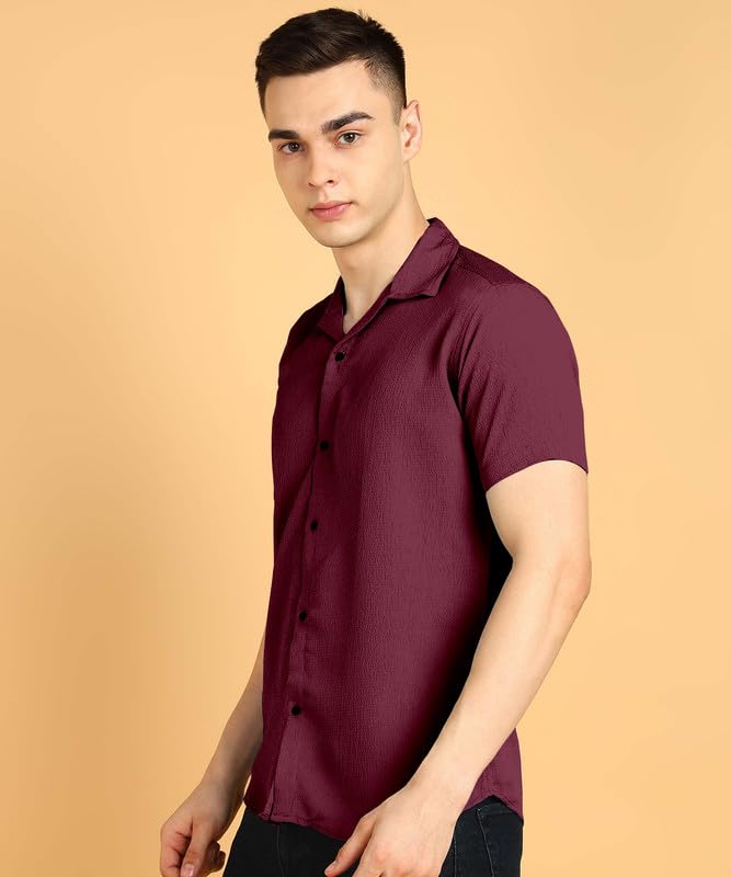 Image of COMBRAIDED Men's Solid Cotton Blend Half Sleeve Shirt - Regular Fit Casual Button-Down Shirt for Office & Travel - Summer & Spring